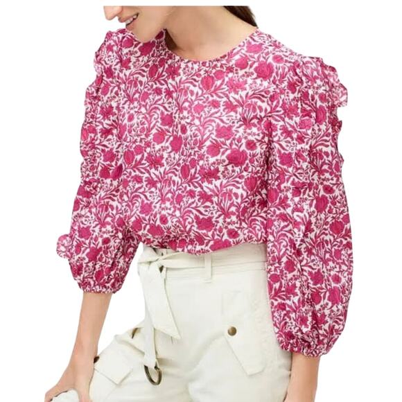 J Crew Liberty London Sambourne Pink Azalea Floral Ruffle Blouse Popover Boho SM - Picture 1 of 14